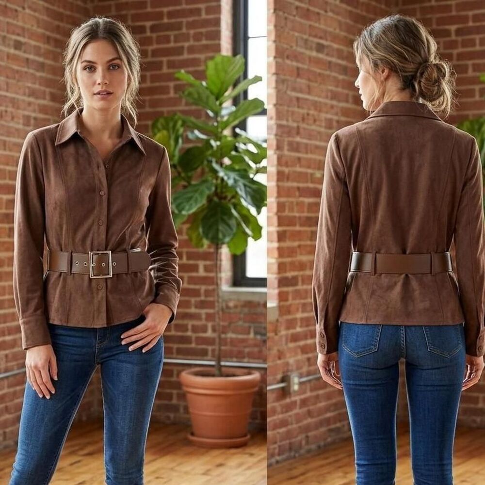Vtg PULI Chocolate Brown Faux Suede Belted Jacket Shirt Size 10 western Prairie